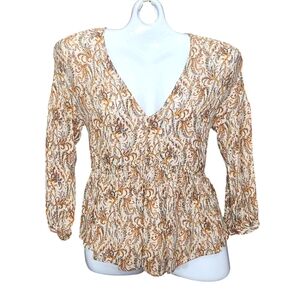 Lucky Brand Boho Casual Earth Tone Floral Top Woven Light Fabric Shirred Waist S